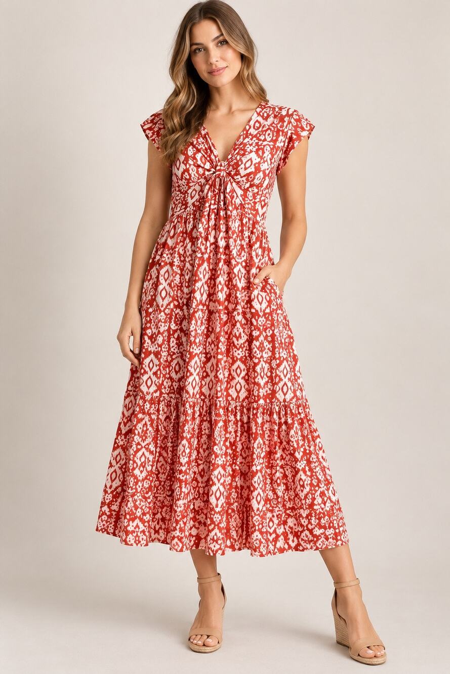 BB Dakota Red & White Ikat Print Midi Dress – Size Small – 100% Cotton